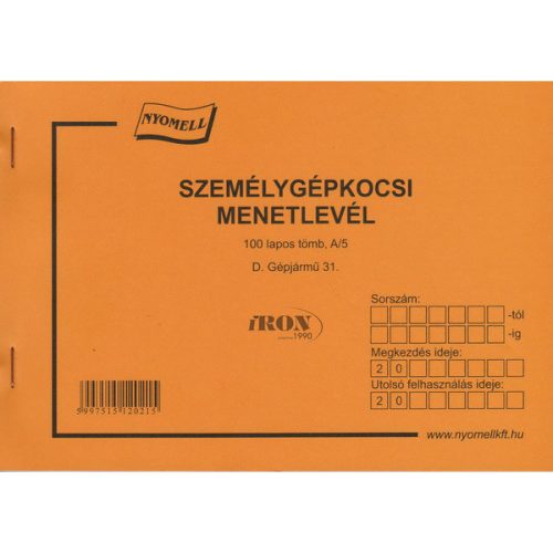 SZEMÉLYGÉPKOCSI MENETLEVÉL 100 LAPOS A/5 FEKVŐ SZEMÉLYGÉPKOCSI D.31